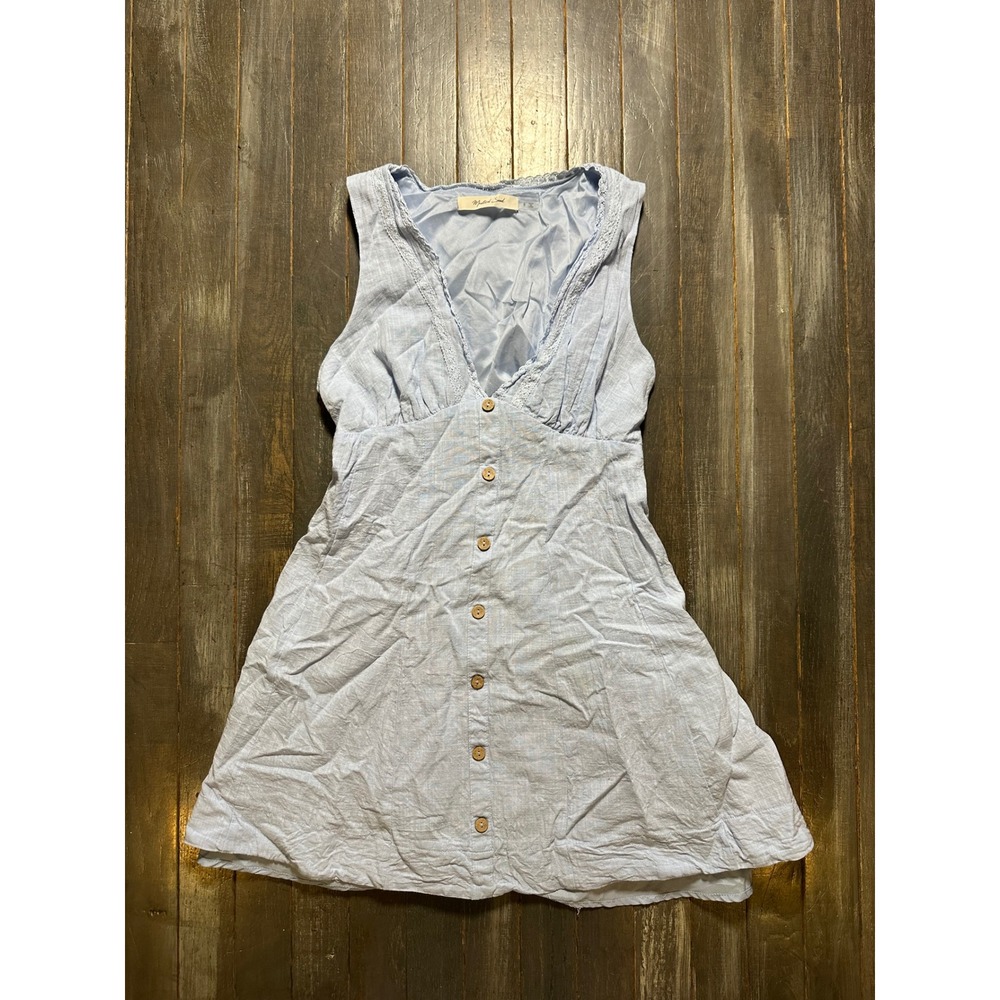 Mustard Seed Womens Light Blue Cotton Lace Trim Button Front Mini Dress Small